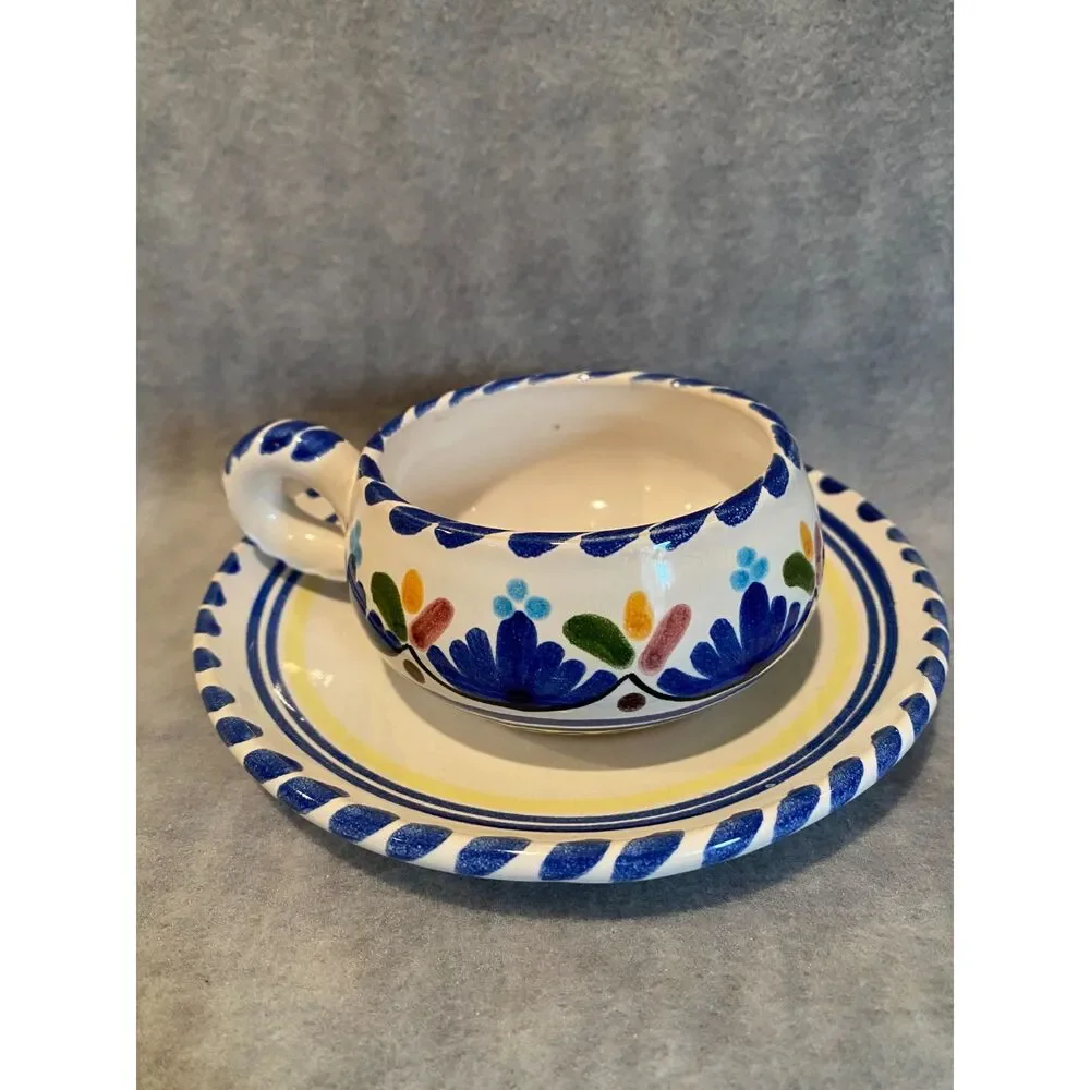 Hand Painted Cup and Saucer Spanish Blue White Rivas on‎ Bottom Spain